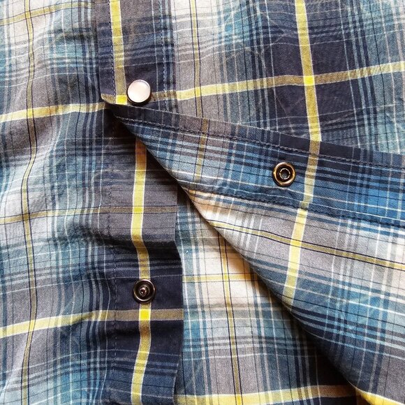 Red Head Brand Shirt Blue Mens Size Large Pearl Snap Plaid Short Sleeve Casual - Picture 6 of 14